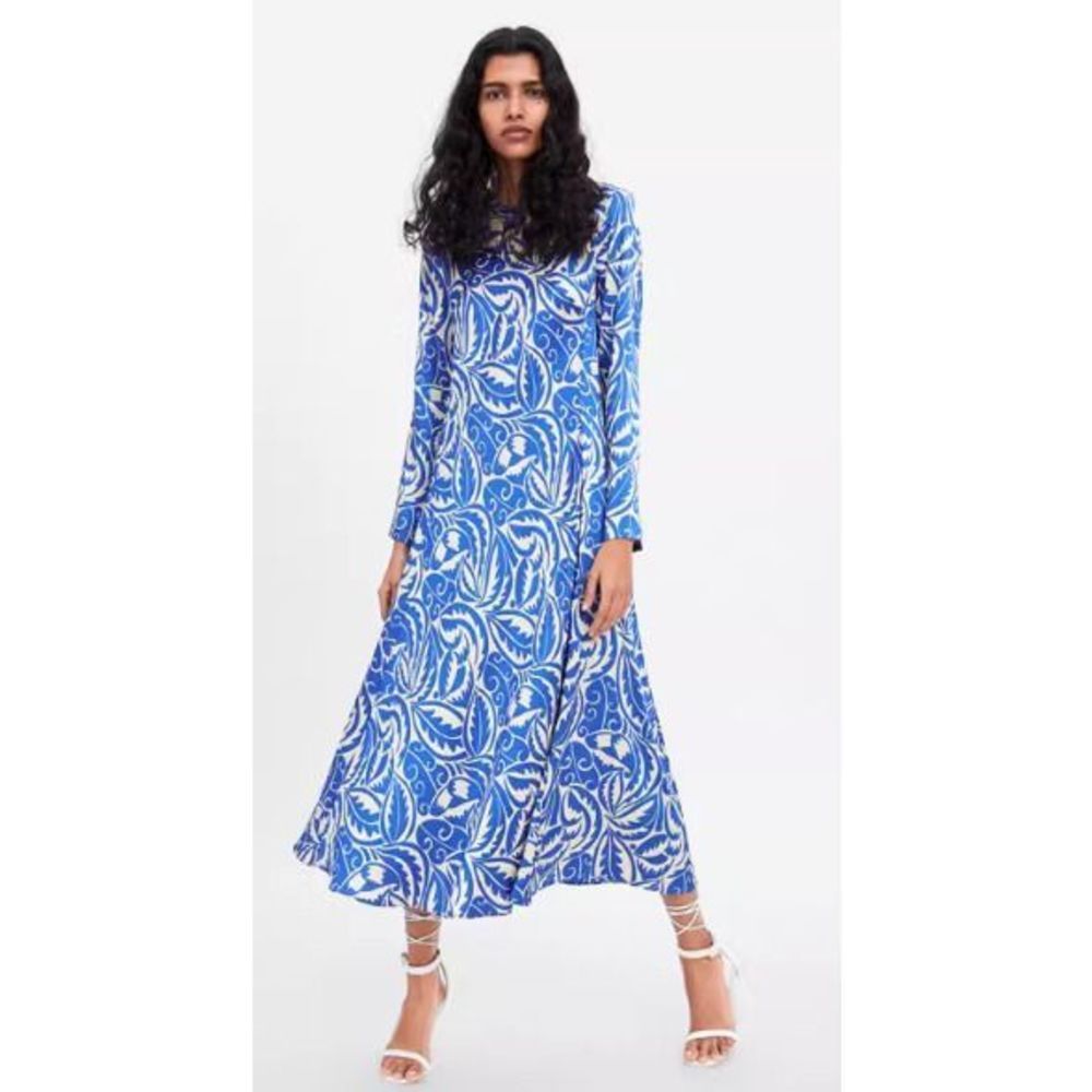 Zara A-Line Midi Dress Womem's Small Blue Cream Floral Satin Long Sleeve NWT